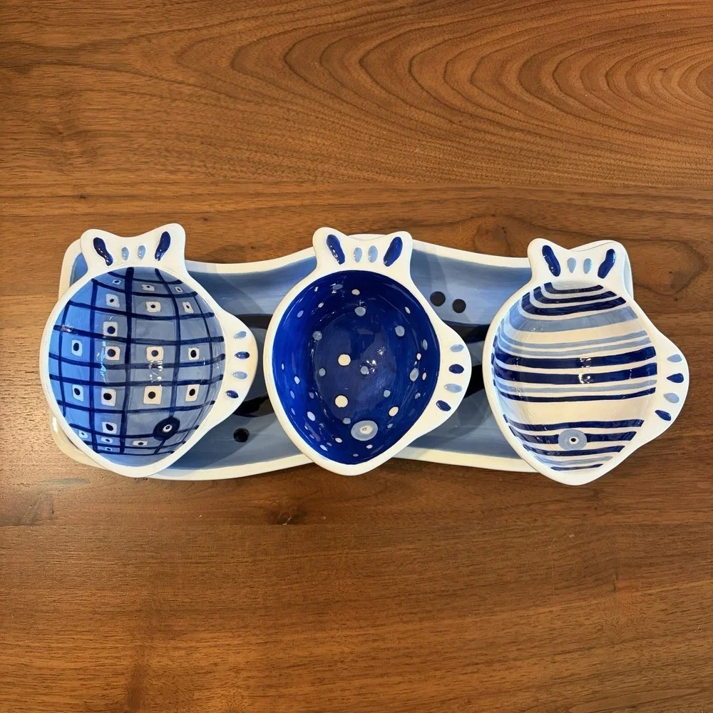 Crate & Barrel Snack Tray Condiment Bowl 4 Piece Set Blue Fish Ocean Coastal